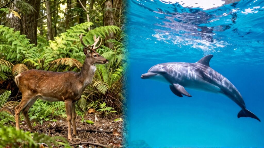 Un ciervo en un bosque de helechos junto a un delfín nadando en agua azul.