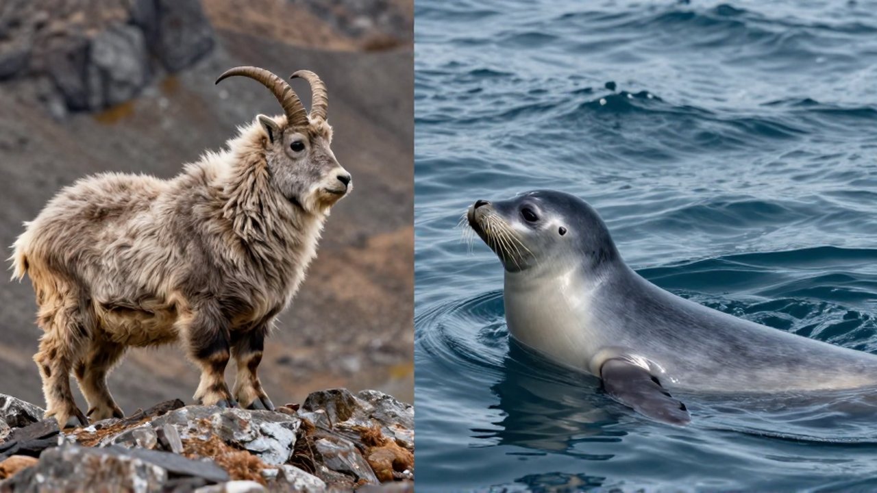Una cabra de pelaje denso en rocas junto a una foca parcialmente sumergida en agua azul.