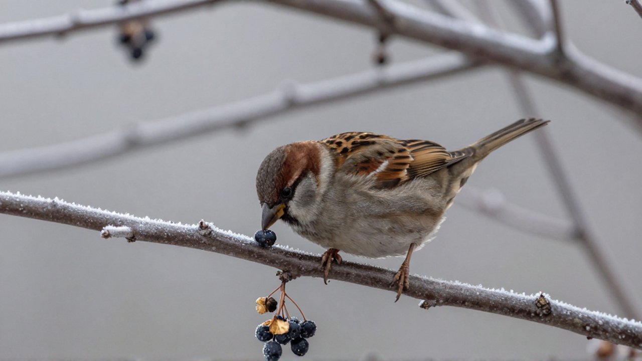 Un pequeño gorrión de plumaje marrón y gris picotea semillas en una rama con escarcha.
