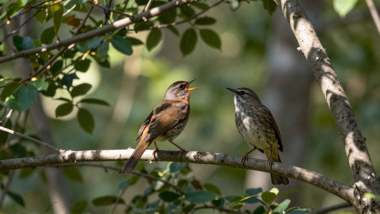 Dos pájaros cantores posados sobre la rama de un árbol en un bosque frondoso.