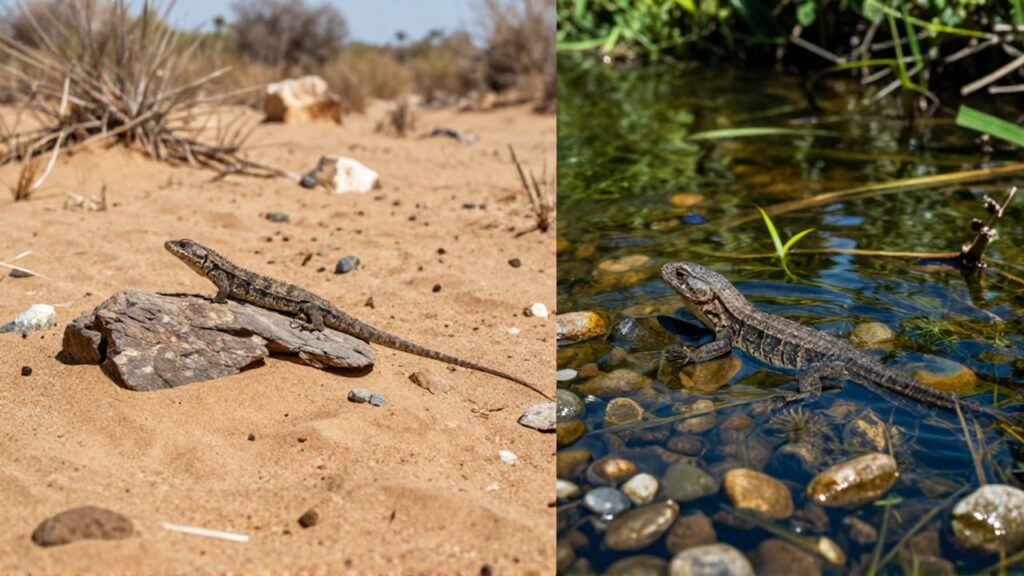 Un pequeño lagarto sobre una piedra en un desierto junto a un reptil nadando en un río.