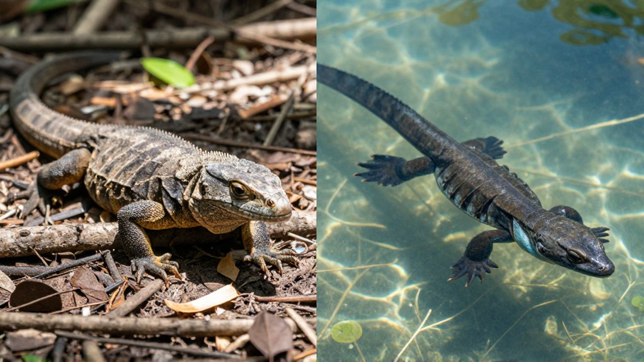 Comparación dividida entre un lagarto terrestre sobre restos de bosque y un reptil acuático bajo el agua.