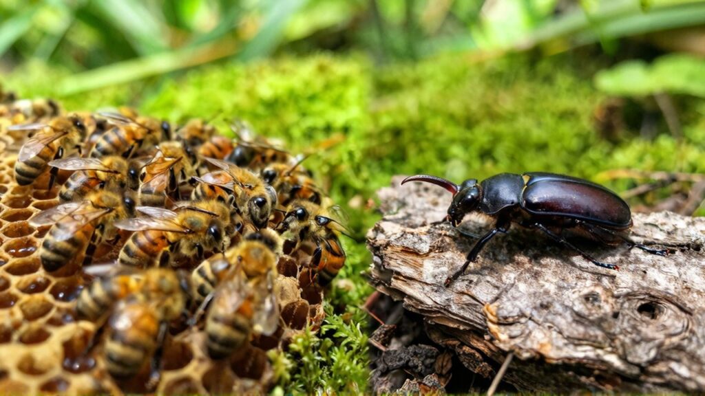 Composición dividida que muestra abejas trabajando sobre un panal junto a un escarabajo ciervo sobre corteza de árbol.