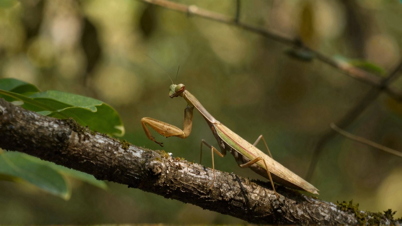 Una mantis camuflada se desplaza entre hojas verdes y parches de musgo sobre una rama.