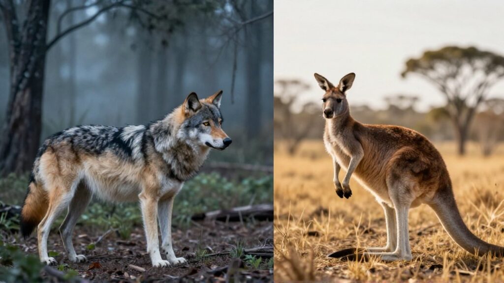 Lobo gris en un bosque brumoso junto a un canguro rojo en una zona de matorral soleada.