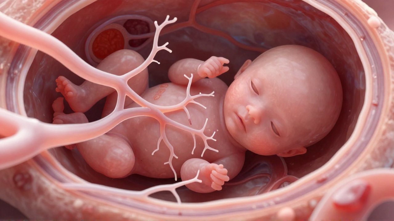 Ilustración científica de un embrión de mamífero conectado a una placenta con vasos sanguíneos ramificados.
