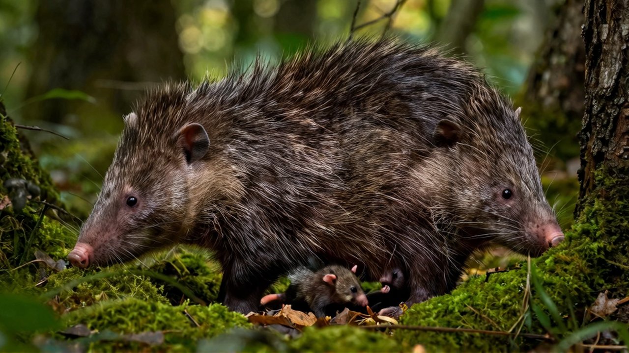 Una zarigüeya con sus crías sujetas a su pelaje entre musgo y hojas en el bosque.