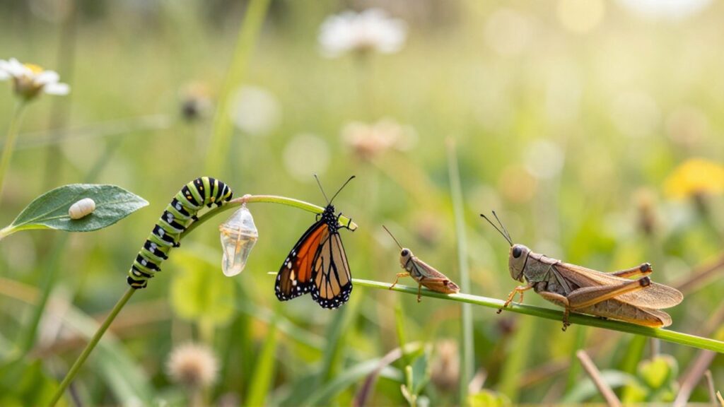 Comparación de las etapas de vida de una mariposa monarca y un saltamontes sobre vegetación en un prado.