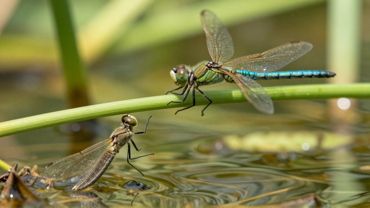Una ninfa y una libélula adulta descansan sobre el tallo de una planta acuática verde.