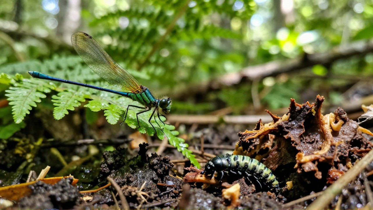Una libélula translúcida descansa sobre una hoja húmeda junto a una larva de escarabajo en la tierra.