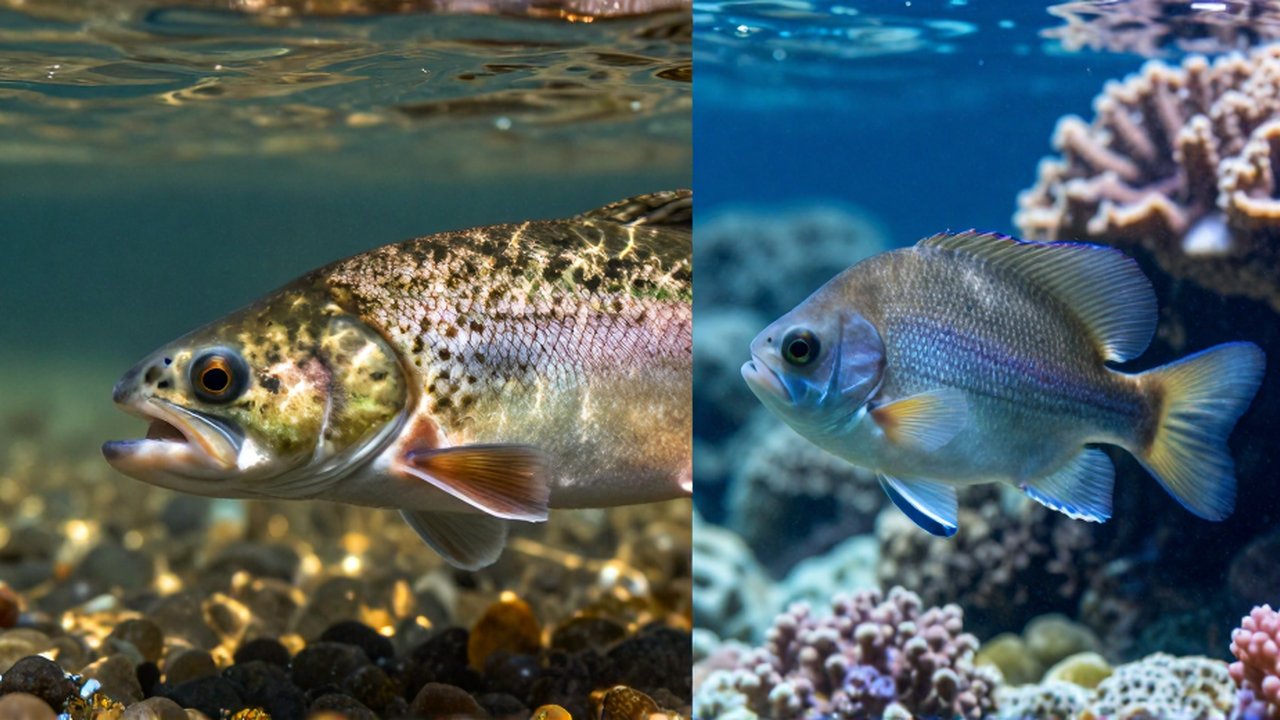 Comparación detallada de las branquias de un pez de agua dulce y uno de agua salada.