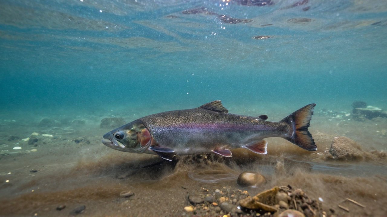 Un salmón nada entre aguas turbias de río y aguas claras de mar sobre un fondo de piedras y arena.
