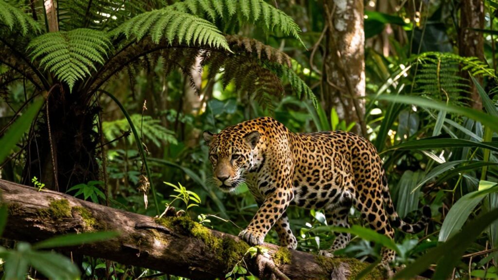 Un jaguar camina con cautela sobre un tronco cubierto de musgo en una selva densa.