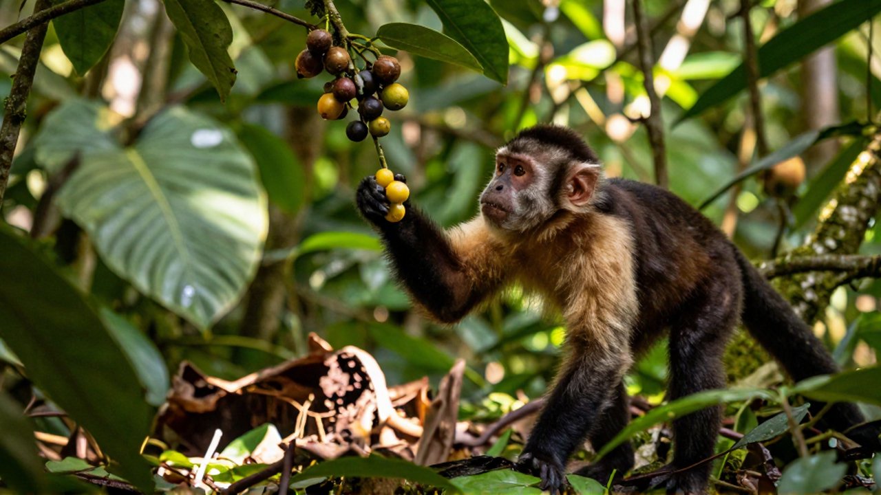 Un mono capuchino busca comida alcanzando frutos maduros en una rama de la selva tropical.