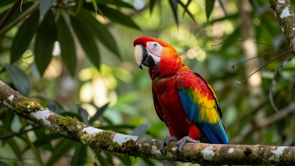Un guacamayo escarlate posado sobre una rama con musgo entre el follaje de una selva.