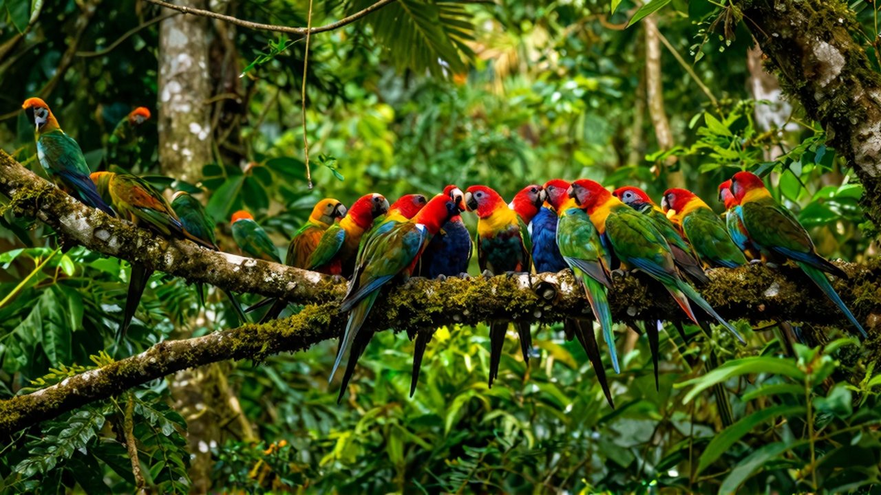 Loros de colores brillantes posados sobre ramas con musgo en un denso bosque tropical.