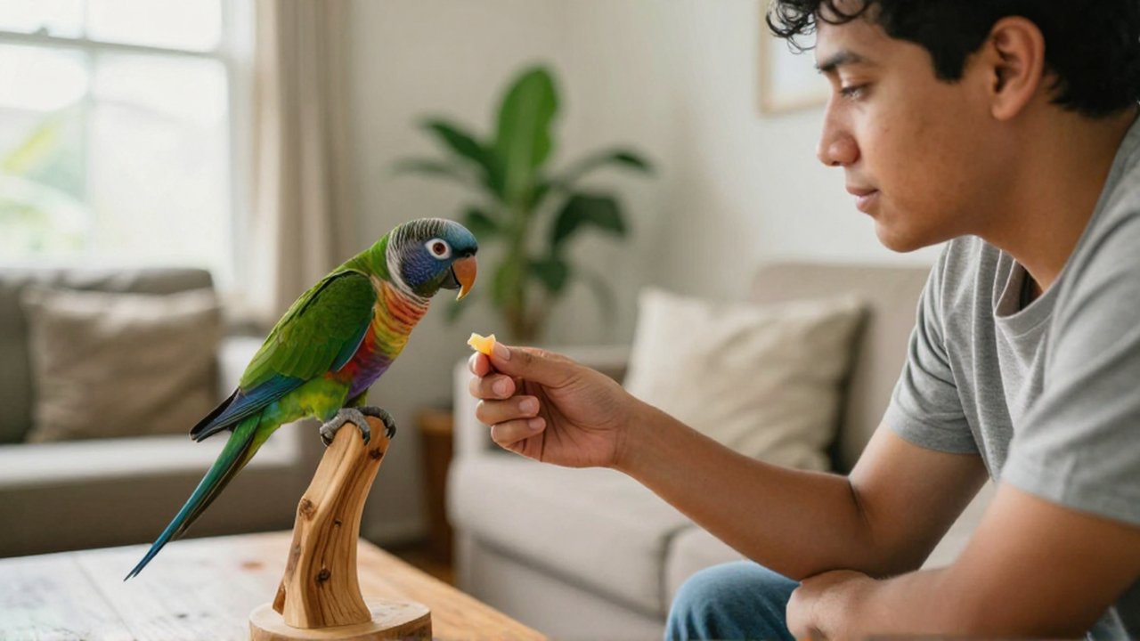 Una persona de rasgos latinos ofrece un trozo de fruta a un loro colorido en una sala iluminada.