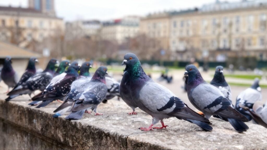 Grupo de palomas sobre un saliente de piedra de un edificio con un entorno urbano desenfocado.