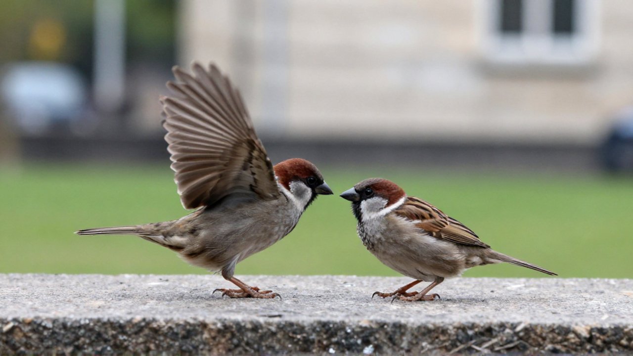 Dos gorriones interactúan en un alféizar de piedra urbana con uno erizando sus plumas.