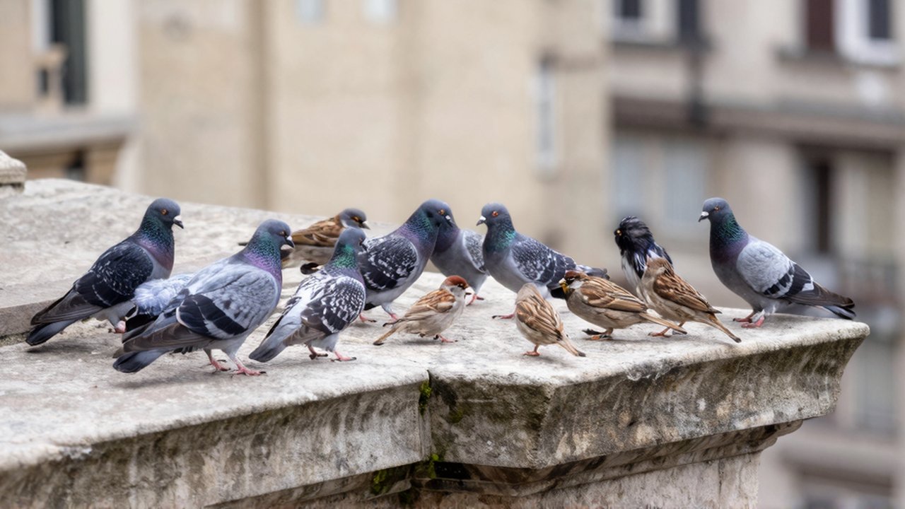 Grupo de palomas y gorriones agrupados sobre el alféizar de piedra de un edificio antiguo.