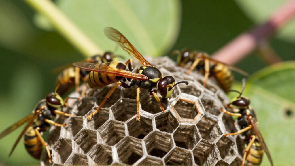 Una avispa reina de abdomen brillante se encuentra en el centro de un nido de papel con varias obreras.