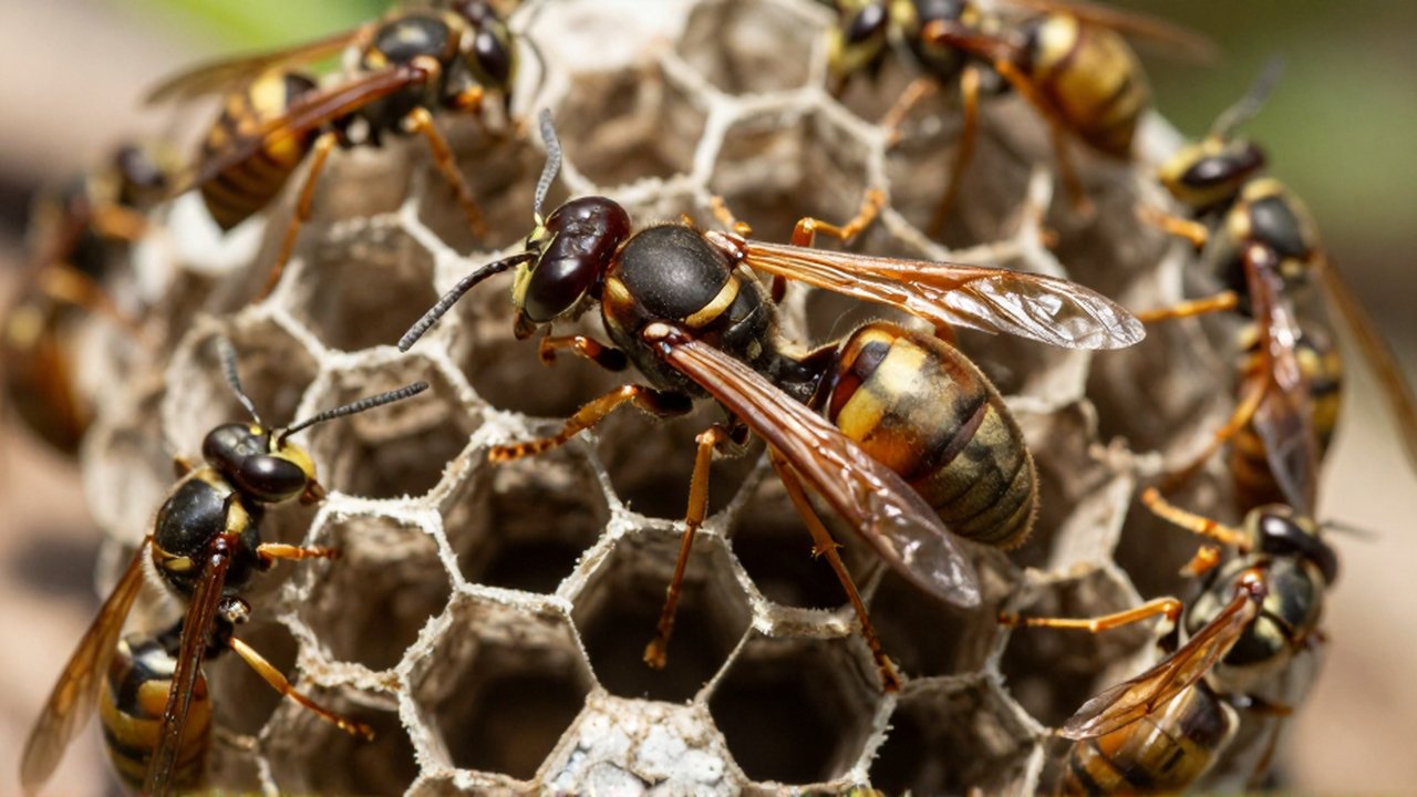 Una avispa reina de gran tamaño reside entre obreras pequeñas dentro de un nido de celdas hexagonales.
