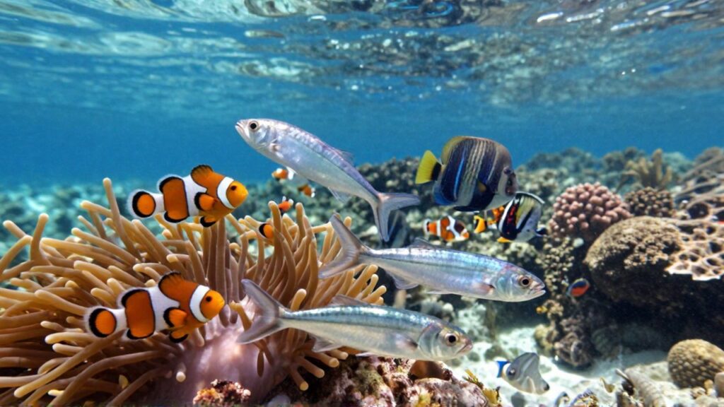Diversas especies de peces nadan entre corales