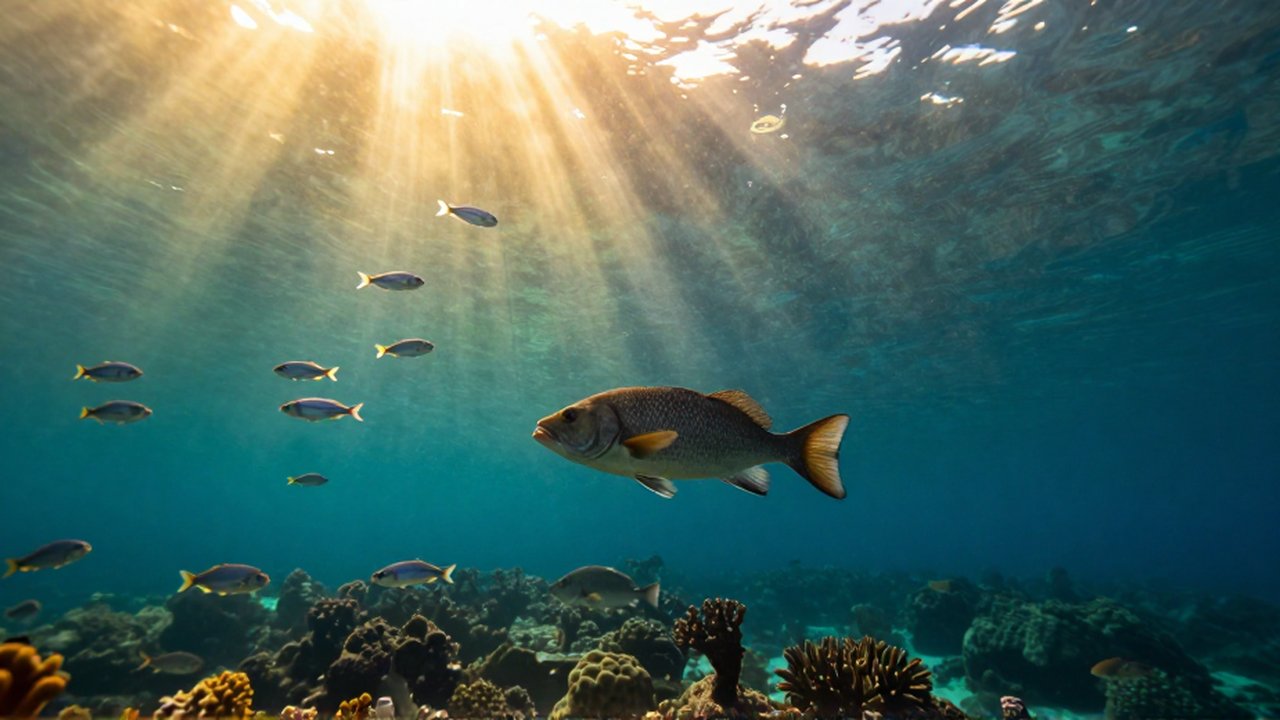 Cardúmenes de peces plateados nadan en aguas superficiales soleadas sobre un pez grande en corrientes profundas.