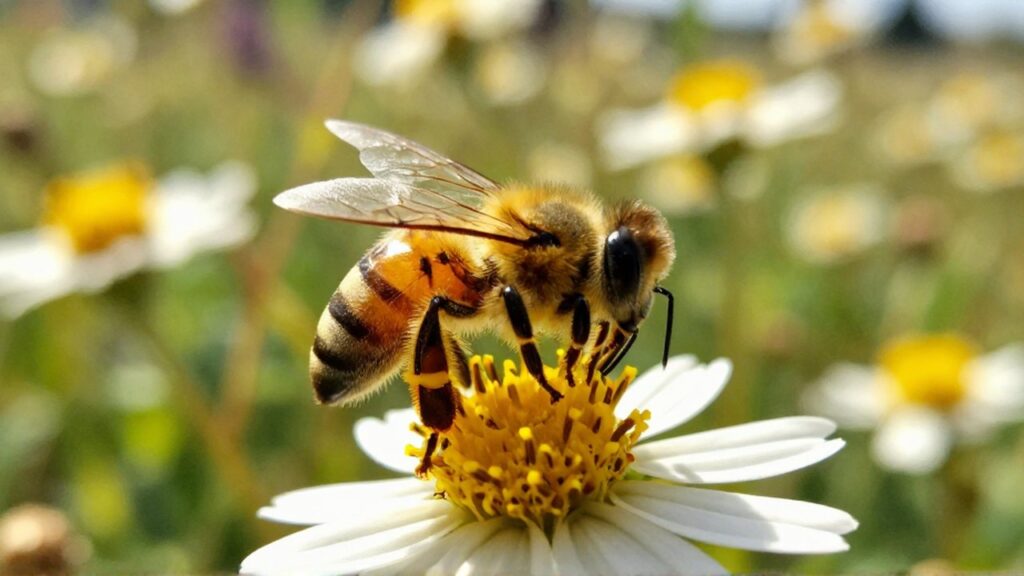 Una abeja con el cuerpo cubierto de polen se posa sobre una flor silvestre.