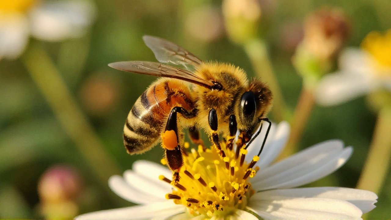 Una abeja con el cuerpo cubierto de polen se posa sobre los estambres de una flor silvestre.