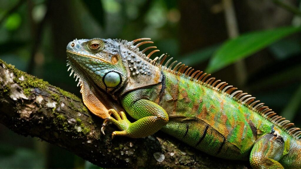 Primer plano de una iguana verde que muda su piel sobre una rama con musgo.