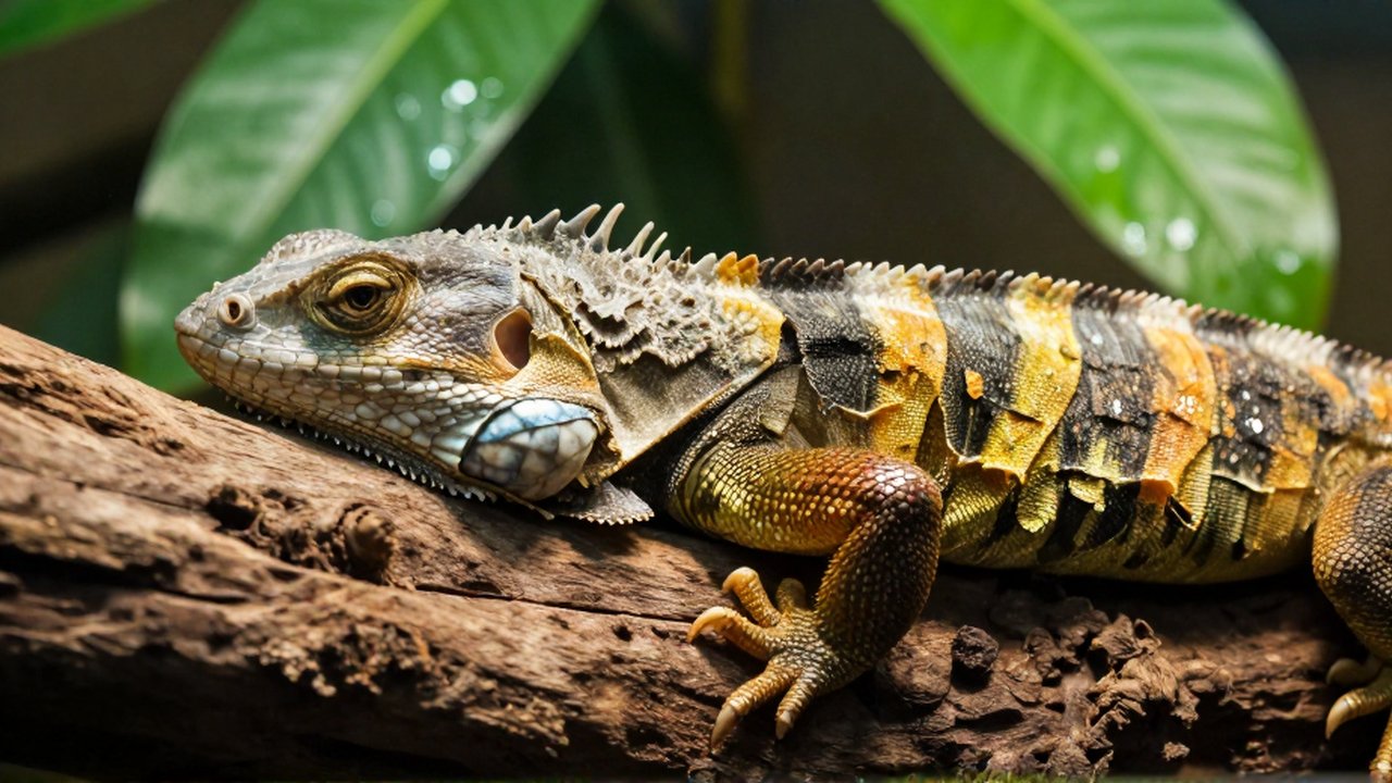 Primer plano de un lagarto mudando su piel sobre un tronco de madera en un entorno tropical.