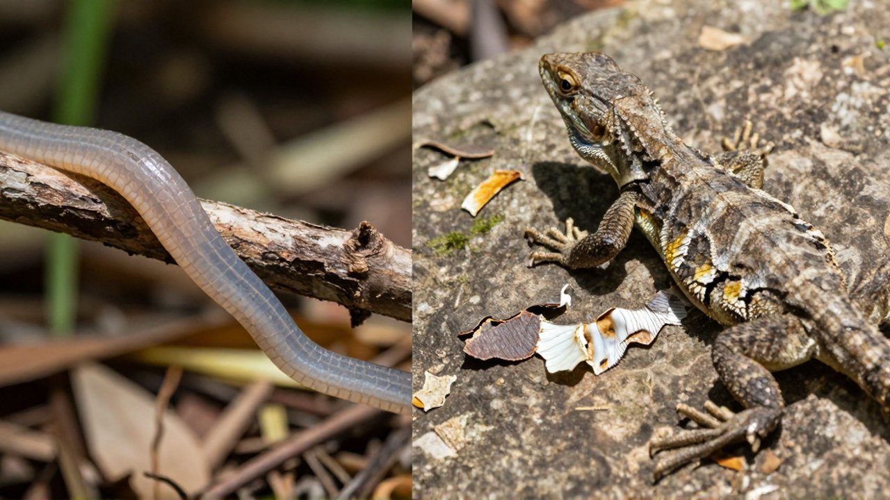 Comparativa entre una serpiente mudando su piel entera sobre una rama y un lagarto con fragmentos de piel sobre una roca.