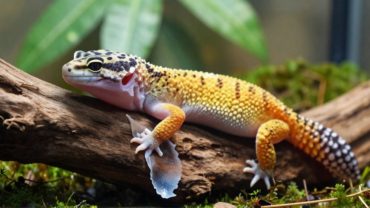 Un pequeño reptil de escamas vibrantes descansa sobre un tronco de madera con musgo húmedo.