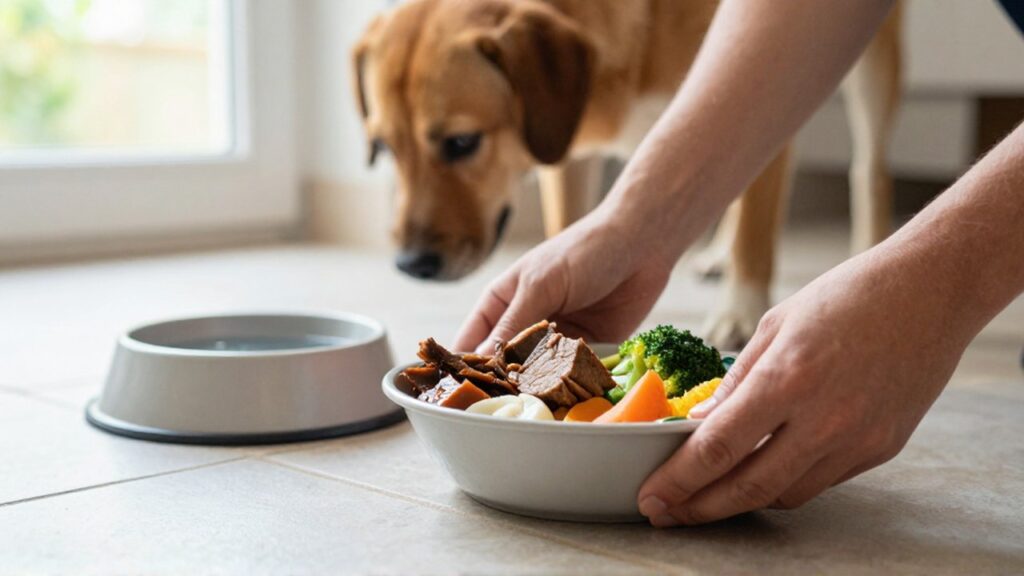Una mano coloca un cuenco con carne y verduras junto a un plato de agua para un perro en un suelo de baldosas.