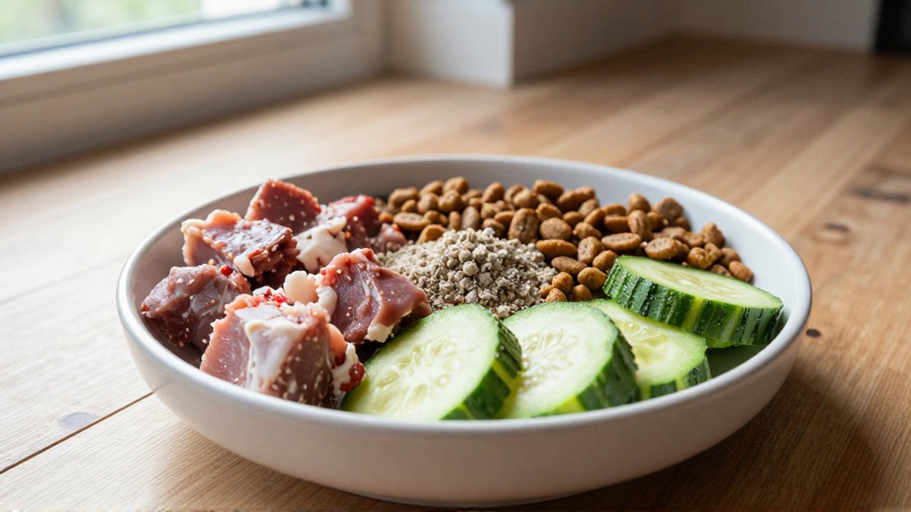 Un cuenco de cerámica con trozos de proteína, verduras y suplementos sobre un suelo de madera.
