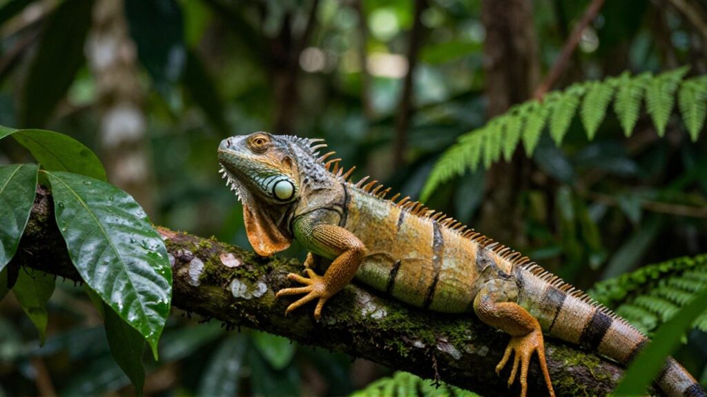 Una iguana verde con un ojo dorado posada sobre una rama con musgo en una selva tropical.