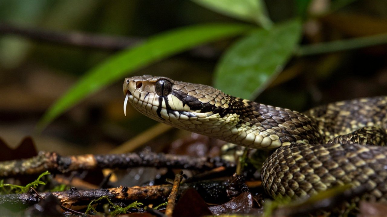 Perfil de una víbora de foseta con colmillos visibles entre hojas y musgo en la selva.