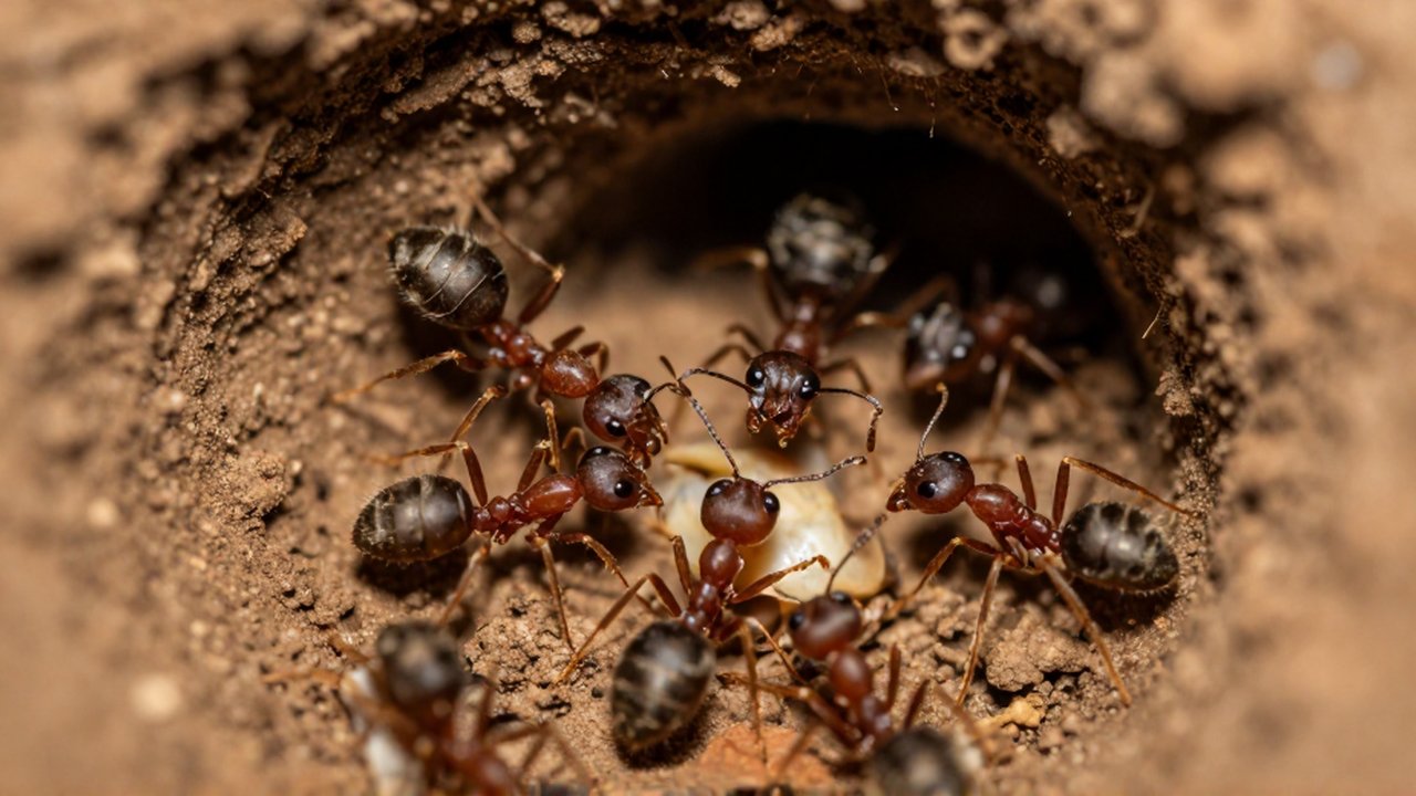 Hormigas de distintos tamaños se desplazan y cuidan larvas dentro de un túnel de tierra.