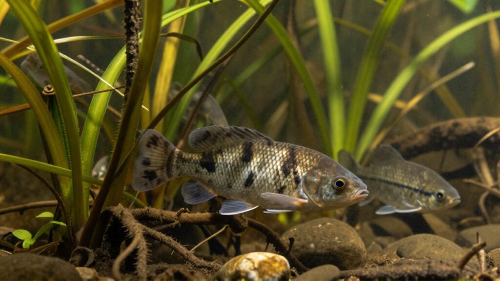 Peces de colores moteados y silueta delgada nadan entre vegetación densa en un fondo de río con piedras.