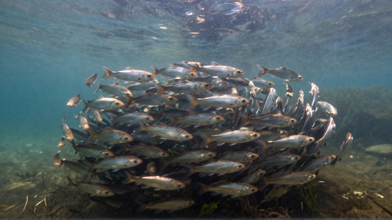 Gran banco de peces plateados nadando en una formación circular sincronizada bajo el agua.