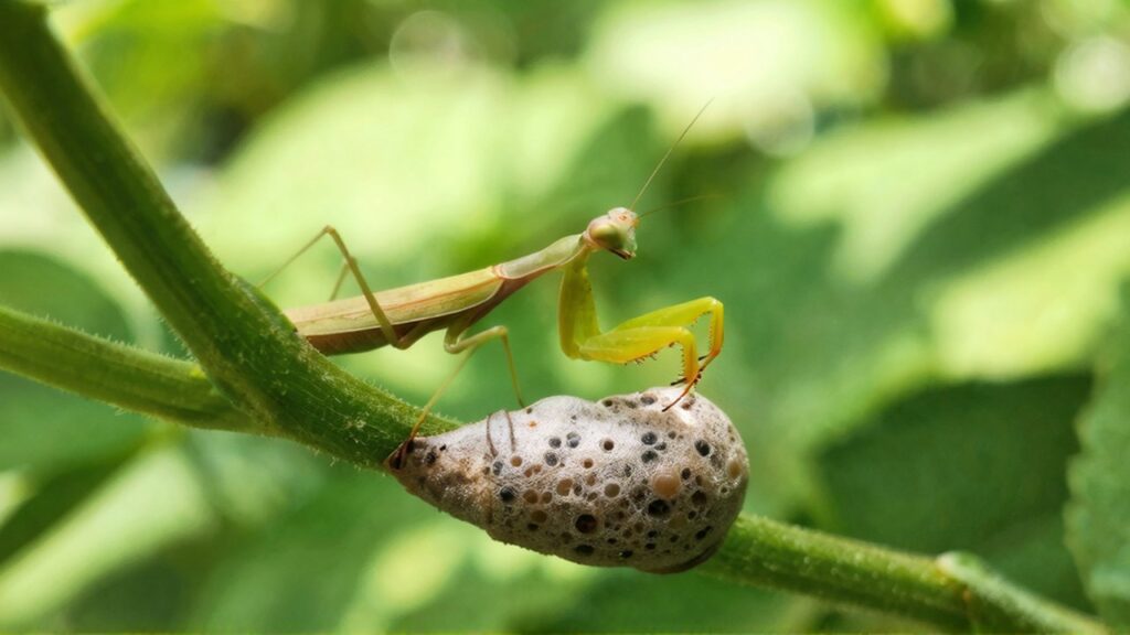 Una mantis religiosa deposita un grupo de huevos en una ooteca sobre el tallo verde de una planta.