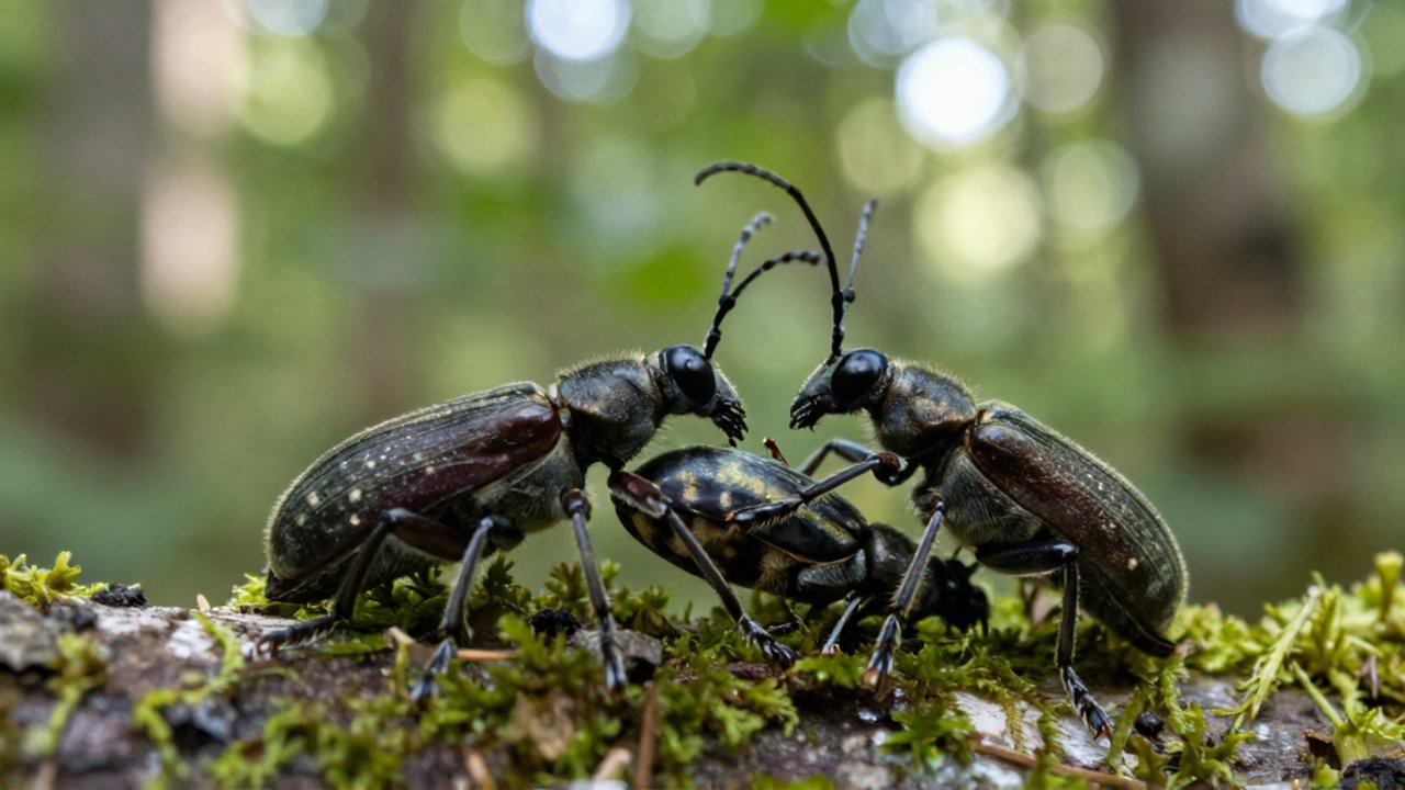 Dos escarabajos de cuernos largos interactúan sobre la superficie rugosa de una rama con musgo.