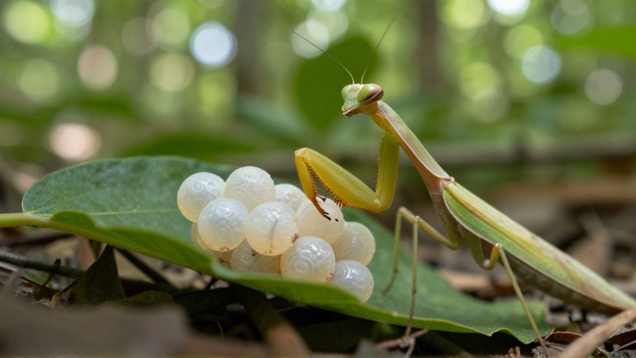 Una mantis reclinada junto a un grupo de huevos traslúcidos dentro de una grieta en una hoja verde.