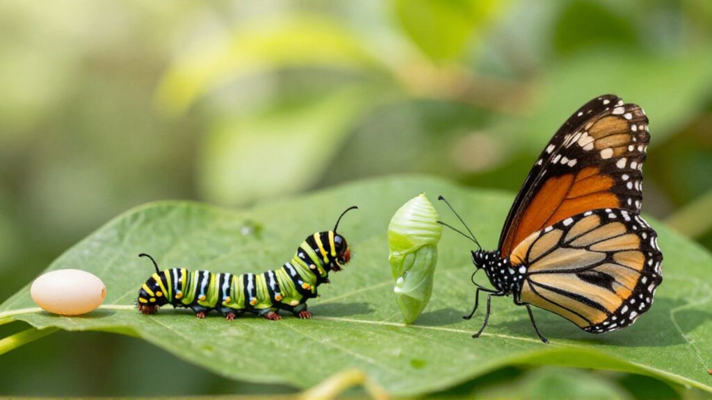 Ciclo de vida de una mariposa monarca desde un huevo en una hoja hasta la mariposa adulta.