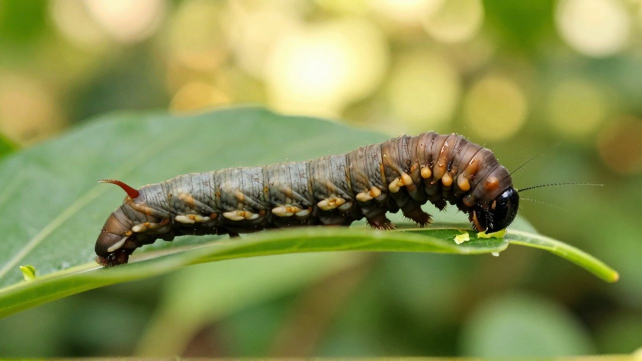 Una larva de cuerpo blando con segmentos marcados trepa y devora el borde de una hoja verde.