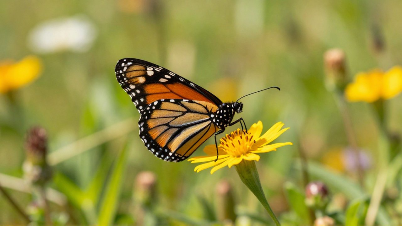 Una mariposa monarca de alas naranjas y negras posada sobre una flor en un prado.