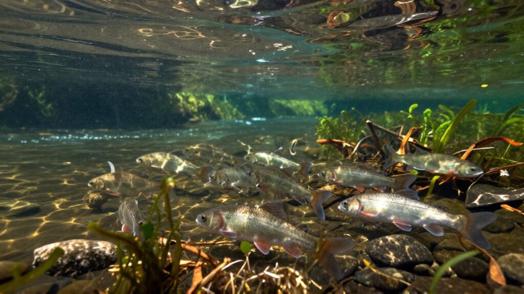 Diversos peces de agua dulce nadan entre piedras y plantas acuáticas en el lecho de un río.