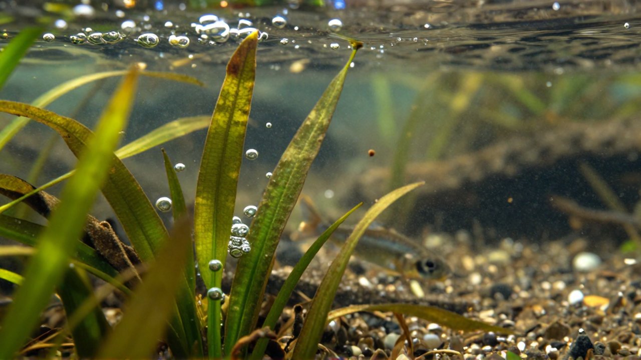 Un pez pequeño nada entre plantas acuáticas con burbujas de oxígeno en un río cristalino.