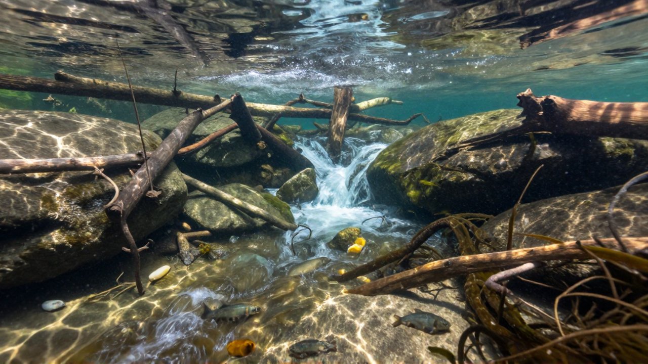 Peces pequeños nadan entre rocas de granito, ramas y raíces bajo el agua de un río.